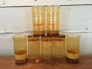 Set Of 7 Vintage Libbey Amber Glass Yellow Stripes Drinking Tumblers 6 " Tall
