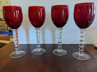 Vintage Set Of 4 Ruby Red & Clear 9 - 3/4 " Wine Glasses