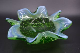 Murano ? Art Glass Dish Two Tone Green White Bubbles Polished Bottom