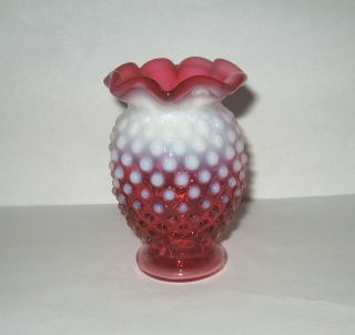 Vintage Fenton Art Glass Cranberry Opalescent Hobnail 3 3/4 " Vase
