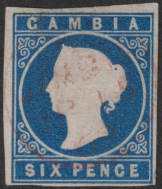 Gambia 1869 Qv Cameo 6d Deep Blue Imperf Sg3 Cat £200 Four Margins Scratch