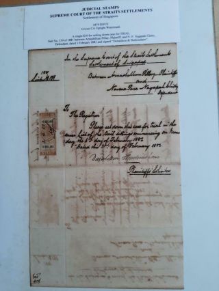 Straits Settlements Document Singapore $10 Judicial Revenue 1874 Fiscal