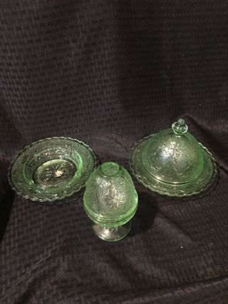 3 Vintage Tiara By Indiana Glass Ashtray Chantilly Green Fairy Lamp Butter Dish