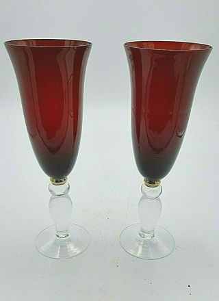 Vintage Champagne Glass Ruby Red Blown Pedestal Clear Gold Stems Flutes