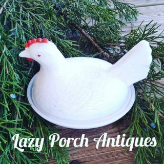 Vintage Hen Rooster Chicken Milk Glass Bowl With Lid Farmhouse Rustic Cottage Co
