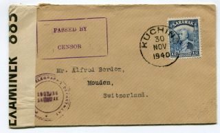 Sarawak Wwii Censored Cover Kuching To Moudon Switzerland 30 - 11 - 1940