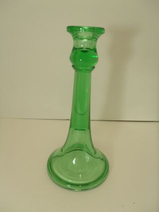 Vtg Central Glass Green Vaseline Uranium Glass Trumpet Candlestick Holder 9 " T