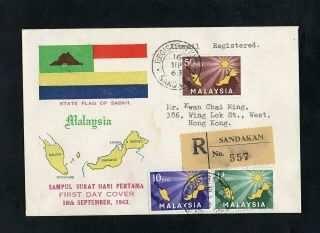 Malaya - Sabah - 1963 Federation Registered First Day Cover Hong Kong - Sandakan