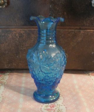 Vintage Imperial Glass Ruffled Top Aqua Blue Bud Vase Grape Leaves