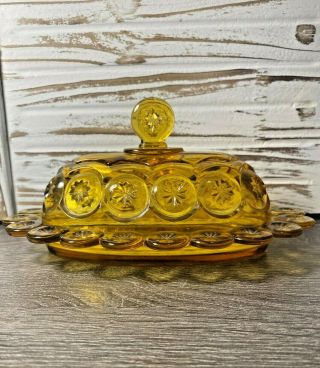 Vintage Le Smith Moon And Stars Amber Glass Butter Dish With Lid/cover - Oval