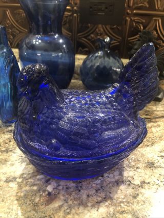 Cobalt Blue Glass Hen Chicken On Nest Basket