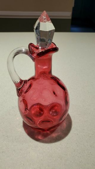 Vintage Fenton Cranberry Coin Dot Cruet With Clear Handle & Stopper
