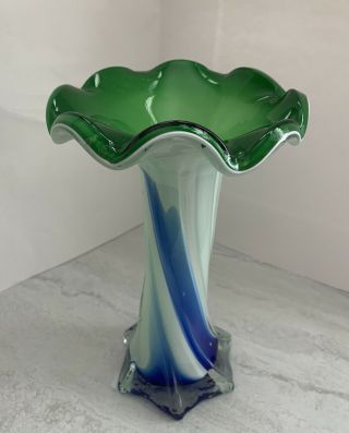 Hand Blown Studio Art Glass Trumpet Vase Ruffle Edge White Blue Green Twist