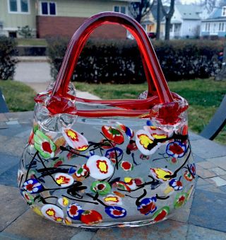 Murano Style Clear Art Glass Vase Floral Millefiori Purse Red Handle Handbag