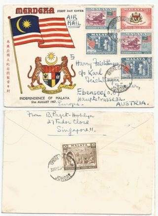 Malaya Malaysia 1957 Up - Rated Private Merdeka Fdc,  Sent To Austria At 84c Rate