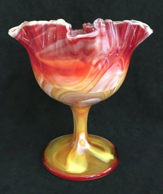 Vintage Imperial Glass Red Orange White Slag Ruffled Pedestal Candy Bowl