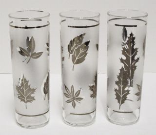 3 Libbey Silver Leaf Foliage Frosted Tall Glasses Ice Tea Tom Collins 7 " T 12 Oz