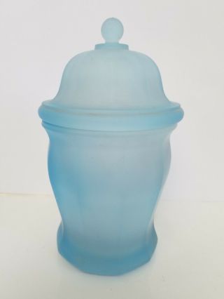Vintage Frosted Satin Blue Indiana Heavy Glass Apothecary Jar Canister W/lid