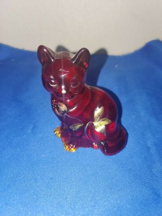 Fenton,  Cat,  Ruby / Red Glass,  Hand Painted And Signed By Artist
