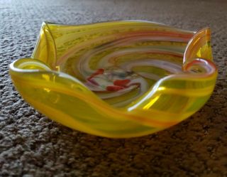 Vintage Murano Style Yellow/Orange/Red/White Swirl Art Glass Dish Ash Tray Bowl 2