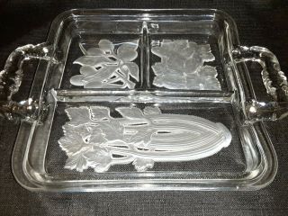 Vintage 8 " Square Clear Frosted Glass Divided Vegetable Relish Dish W/handles