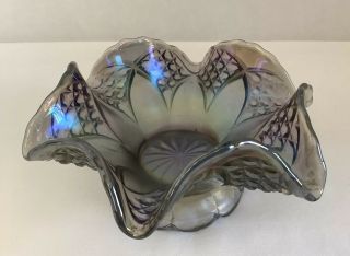 Vintage,  Smoke Gray Iridescent Carnival Glass Bowl With Ruffled Rim - 5 1/2” Wide