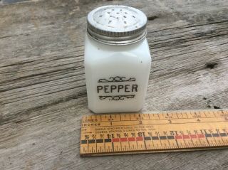 Vintage Milk Glass Pepper Shaker,  Metal Top,  Black Writing,  Decor