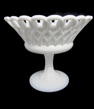 Vtg - Large Lace Edge Pedestal White Milk Glass Compote/fruit Bowl
