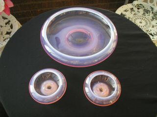 Fostoria Seascape Coral Pink Opalescent Glass Large Bowl And Candlestick Holders