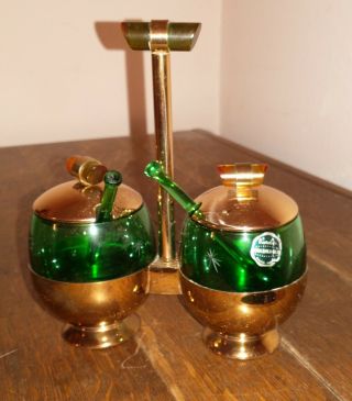 Art Deco Cavalier Emerald Glo Double Glass & Brass Jars W/spoons,  Bakelite
