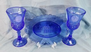 Vintage Fostoria Glass For Avon Washington Goblets & Mt Vernon Plate Cobalt Blue