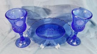 Vintage Fostoria Glass for Avon Washington Goblets & Mt Vernon Plate Cobalt Blue 2