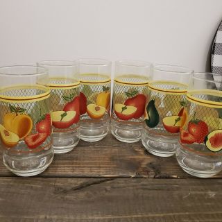 Vintage Set Of 6 Mcm Fruit Design High Ball Drinking Glasses