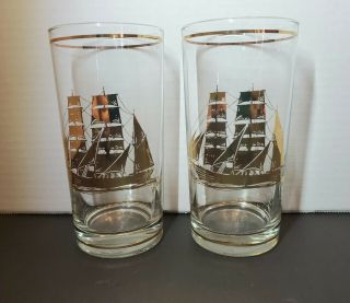 2 Vintage Culver Gold Ship Tumbler Drinking Glasses Highball