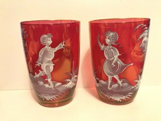 Two Vtg Fenton Mary Gregory Cranberry Flash Glass Tumblers,  Boy & Girl After Bug