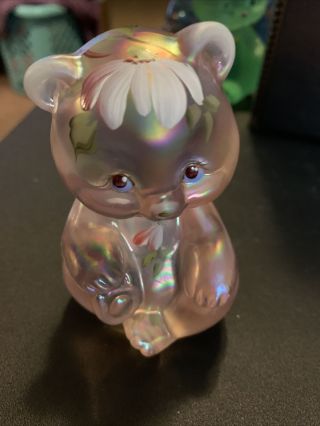 Vintage Fenton Iridescent Carnival Glass Pink Sitting Bear Hand Painted Signed