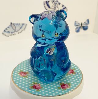 Fenton Art Glass Blue Sitting Bear Hand Painted “bellflowers” Signed With Label