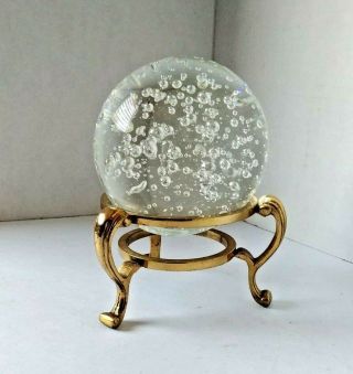 Vintage Clear Round Bubble Art Glass Paper Weight Sphere Ball 4 " With Stand