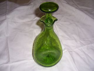 Great Vintage 1950’s Blenko Pinched Green Crackle Glass Decanter With Stopper