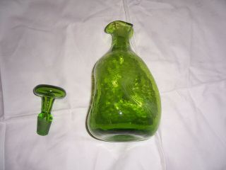 GREAT VINTAGE 1950’s BLENKO PINCHED GREEN CRACKLE GLASS DECANTER WITH STOPPER 2