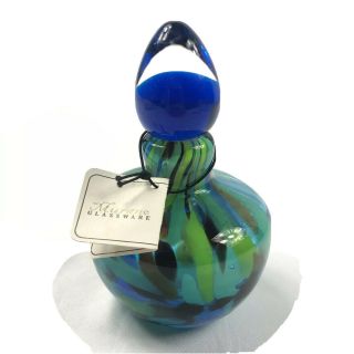 Murano Glass Perfume Bottle Blue Green Stopper Heavy 7” X 3”