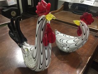Murano Style Rooster & Chicken Hen Art Glass Figurine Paperweight Pair