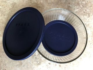 Two Pyrex Mixing Bowl Clear Ribbed Blue Lid 10 Cup,  3 Cup Made In Usa 7403,  7401