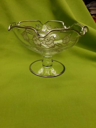 6 In Clear Glass Pedestal Dish With Silver Rim And Flowers