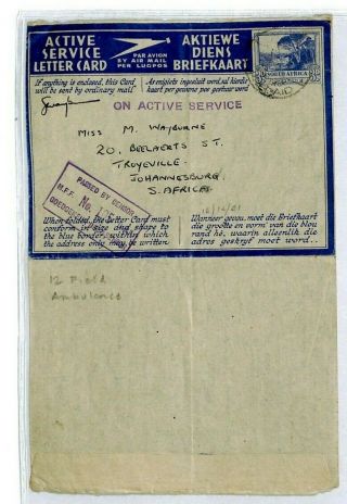 SOUTH AFRICA Cover 12 FIELD AMBULANCE Air - Letter CENSOR 1941 WW2 Medical CZ109 3