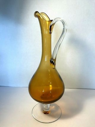 Vtg Hand Blown Art Glass Amber Clear Applied Handle & Stem Pitcher Vase/decanter