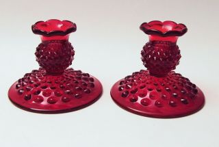 (2) Fenton Art Glass Ruby Red Hobnail 3 3/4 " Candlestick Holders Valentine Gift