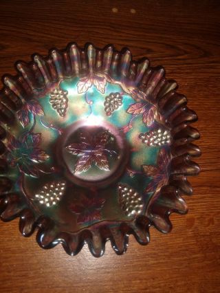 Vintage Fenton Amethyst Grape And Cable Crimped Ruffled Carnival Glass Bowl
