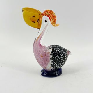 Murano Style Hand Blown Art Glass Pelican With Fish In Mouth 7 1/4 " Paperweight