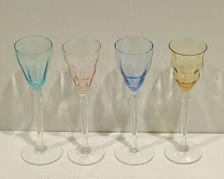 Art Deco Multi Colored Glass Cordials Set 4